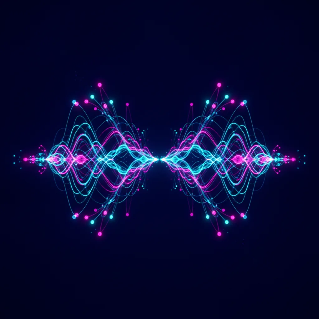 Glowing sound waves flowing into light trails and network nodes on a deep indigo background