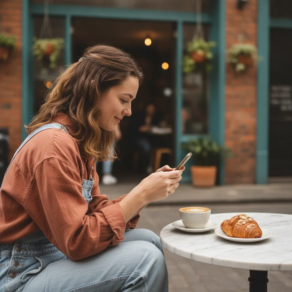 A woman photographs a coffee and pastry on her phone at a laneway cafe table