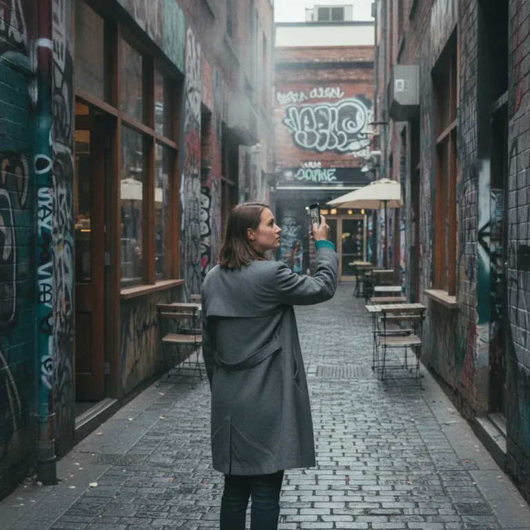 Woman holding up a phone in a Melbourne laneway lined with cafes on a grey day