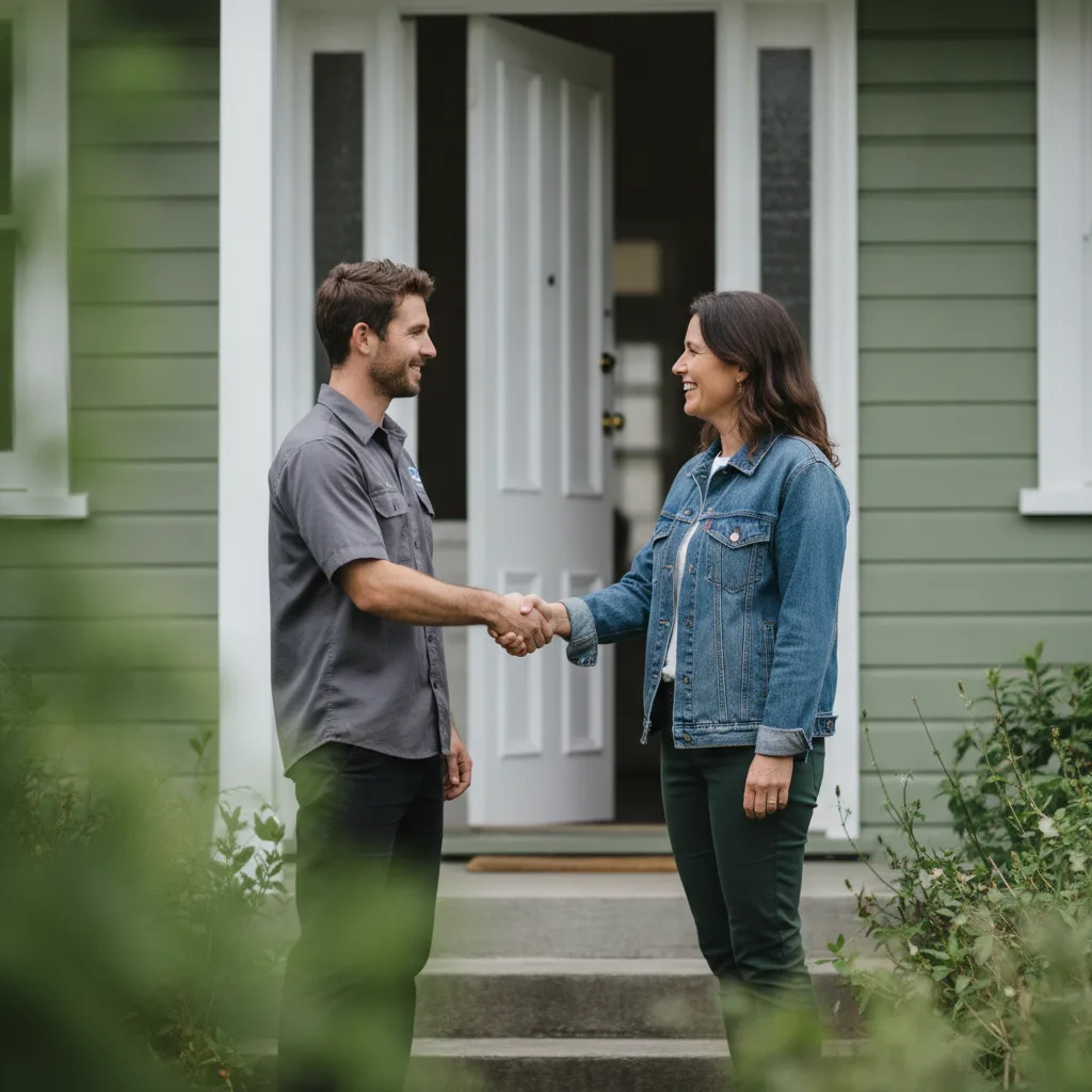 Tradie shaking hands with a homeowner at the front door of a weatherboard house