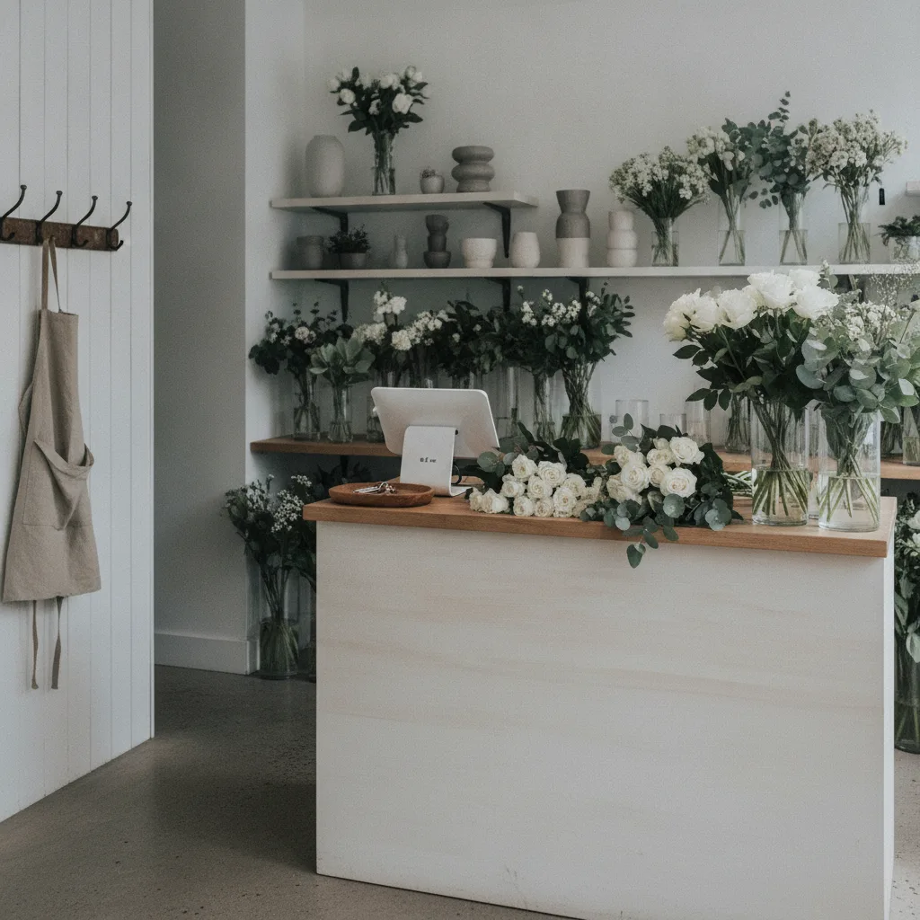 Tidy florist shop counter with neat bouquets, an apron on a hook and keys by the till
