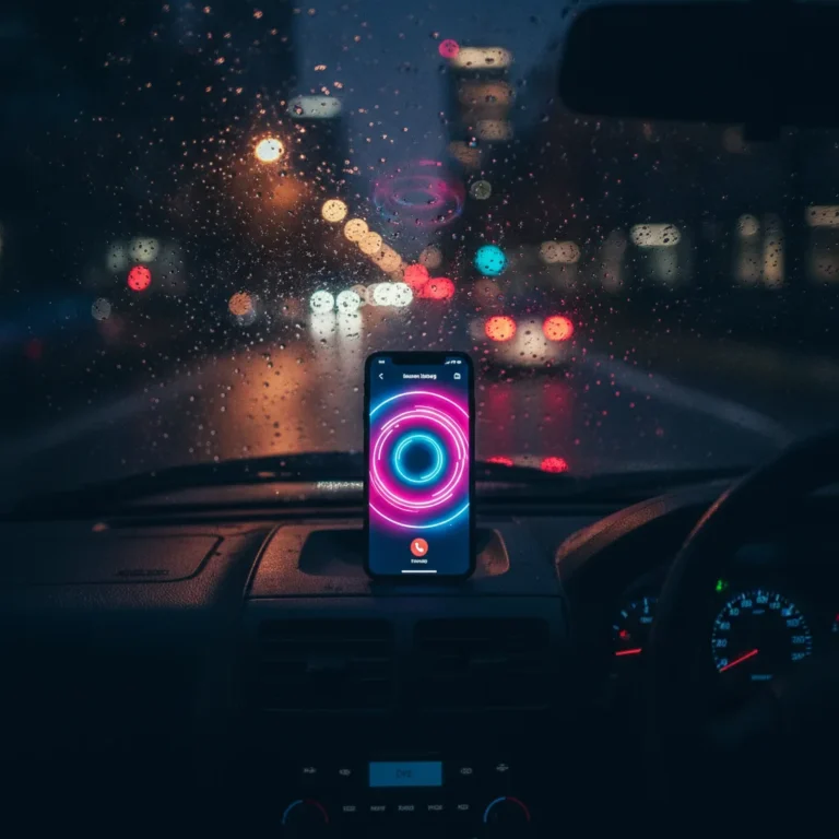 Glowing smartphone with incoming call on a ute dashboard at night in neon light