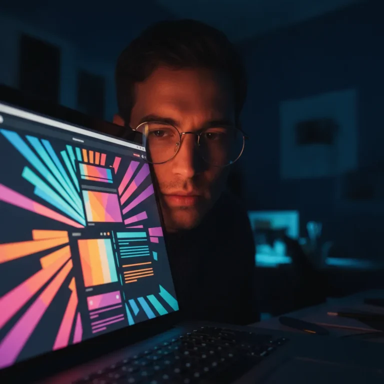 Laptop with abstract website layout blocks reflected in a designer's glasses in a dim studio