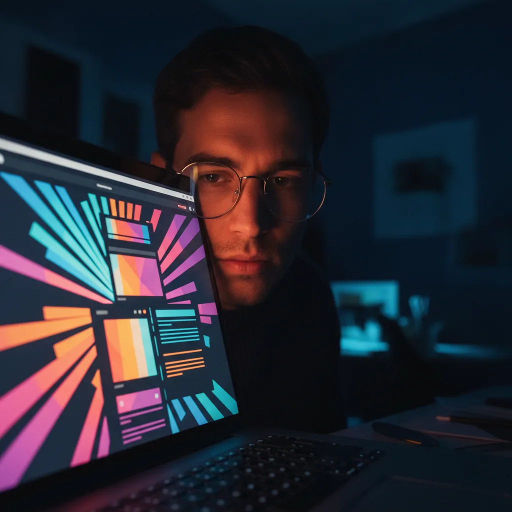 Laptop with abstract website layout blocks reflected in a designer's glasses in a dim studio
