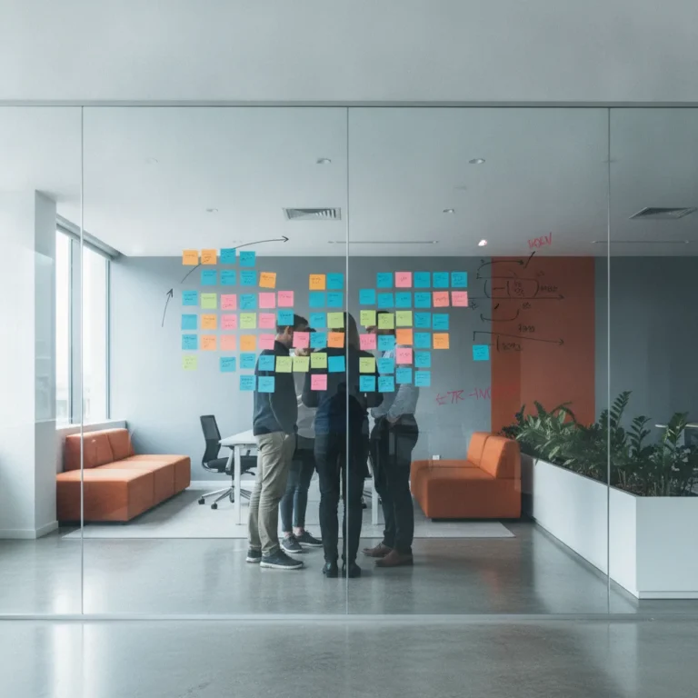 A small team stands in a huddle at a whiteboard with sticky notes in a bright modern office
