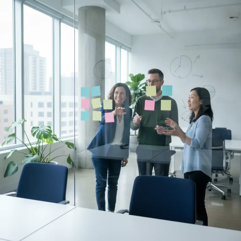 Three people in a standing huddle at a whiteboard in a bright modern office