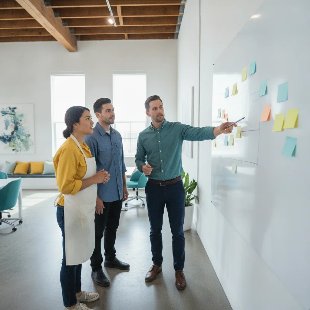 Consultant at a whiteboard briefing two small business owners in a bright studio