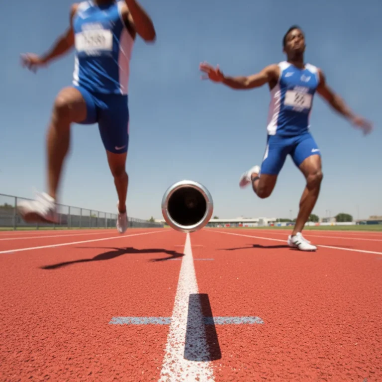 Two runners passing a relay baton on a red track under bright sun