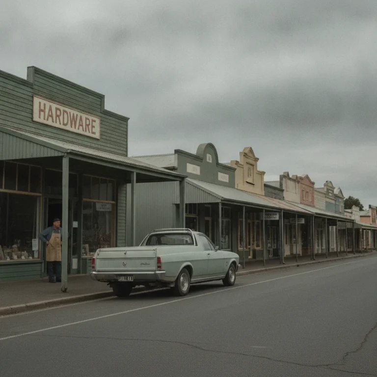 Shopkeeper stands in a hardware store doorway on a quiet country town main street under an overcast sky