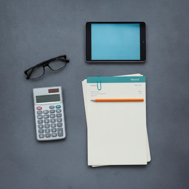 Overhead view of invoices, calculator and a glowing tablet on a slate grey bench